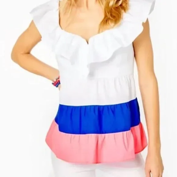 Lilly Pulitzer Emie Fit and Flare Babydoll Top Empire Waist Ruffle Neckline SZ 8 - Picture 1 of 13